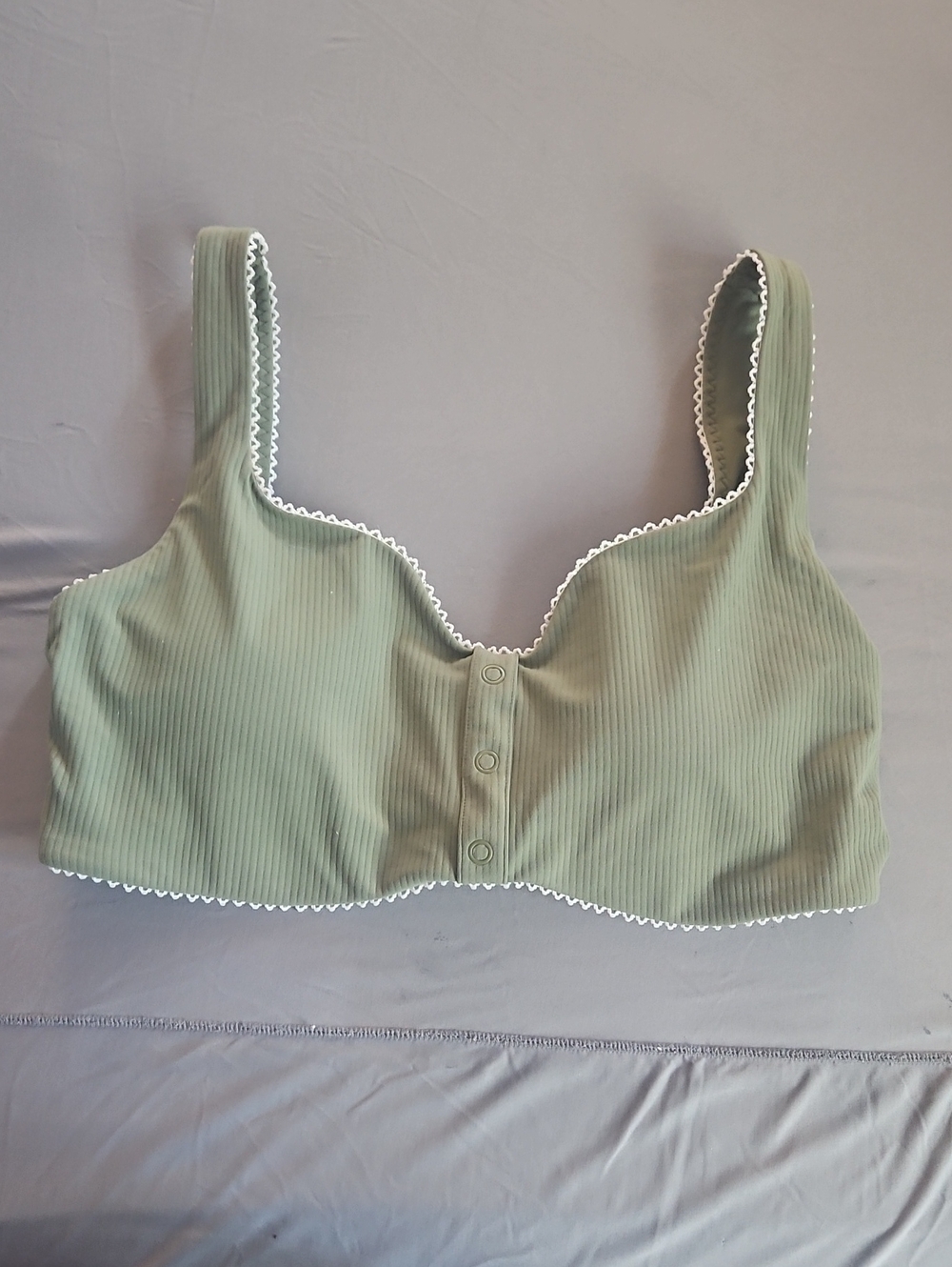 aerie Olive Ribbed Front-Snap Bralette with White Trim